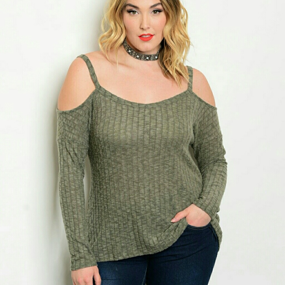 Olive Plus Size Cold Shoulder Sweater - Picture 1 of 7