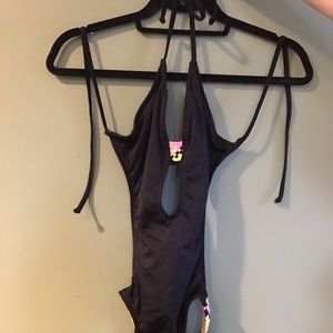 Black roxy one piece plunge neck bathingsuit