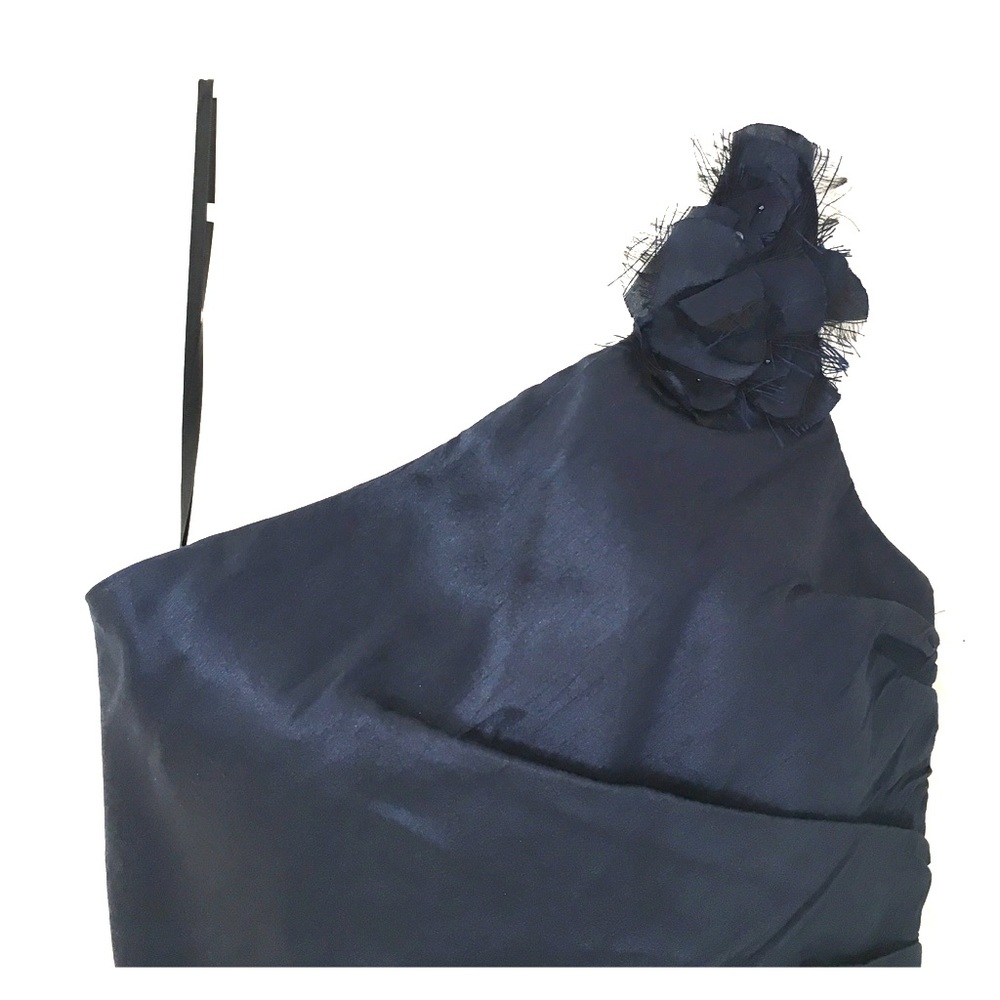 Navy one shoulder dress.