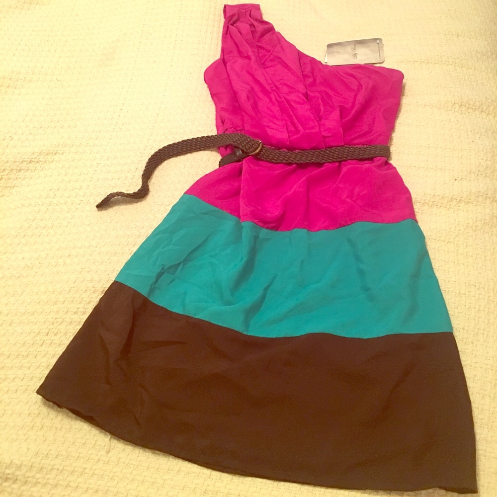 One shoulder, color block, belted dress