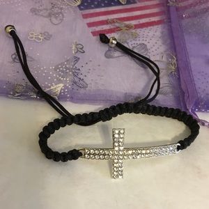 Crystal Paved Cross Black Rope Bracelet