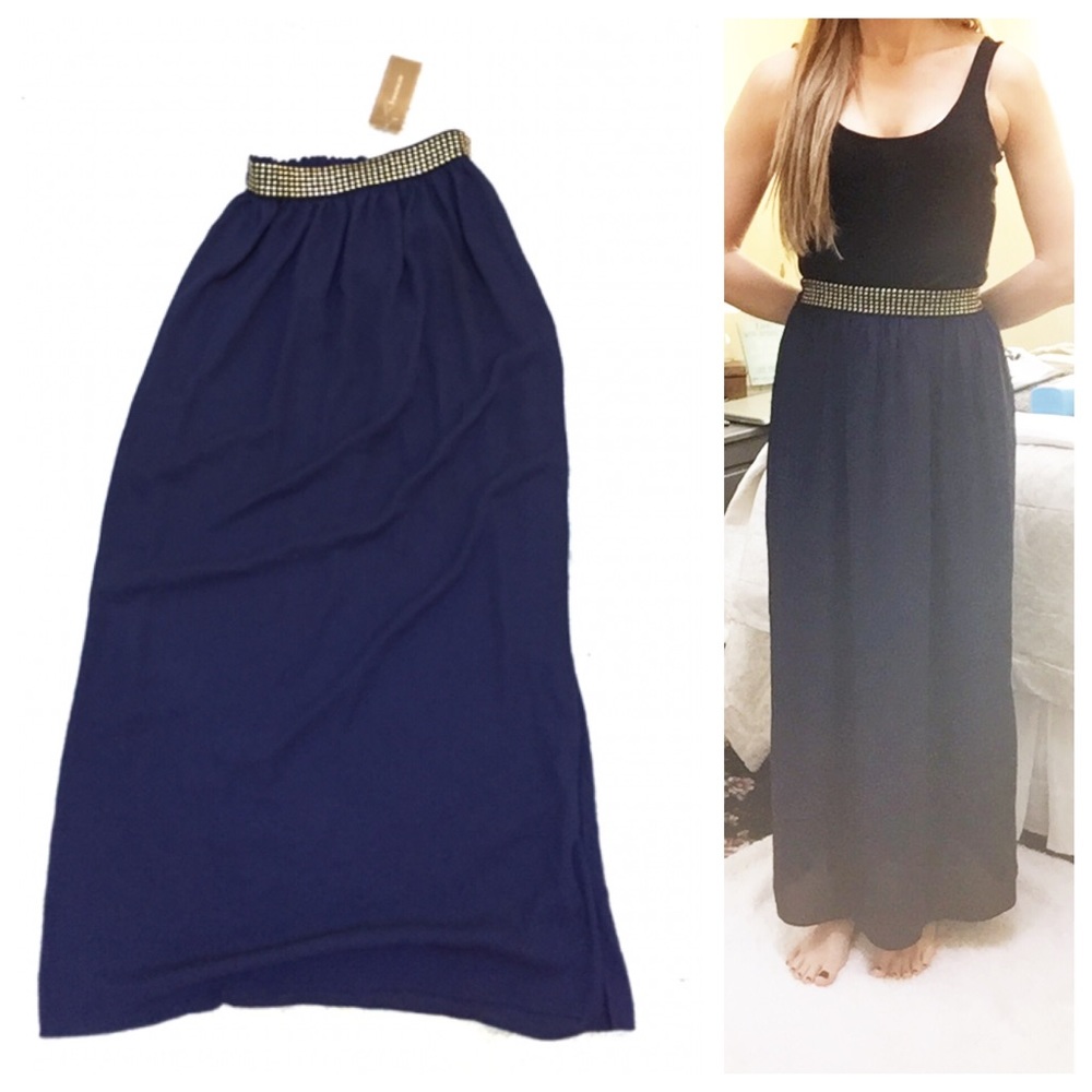 Navy blue studded waist maxi skirt