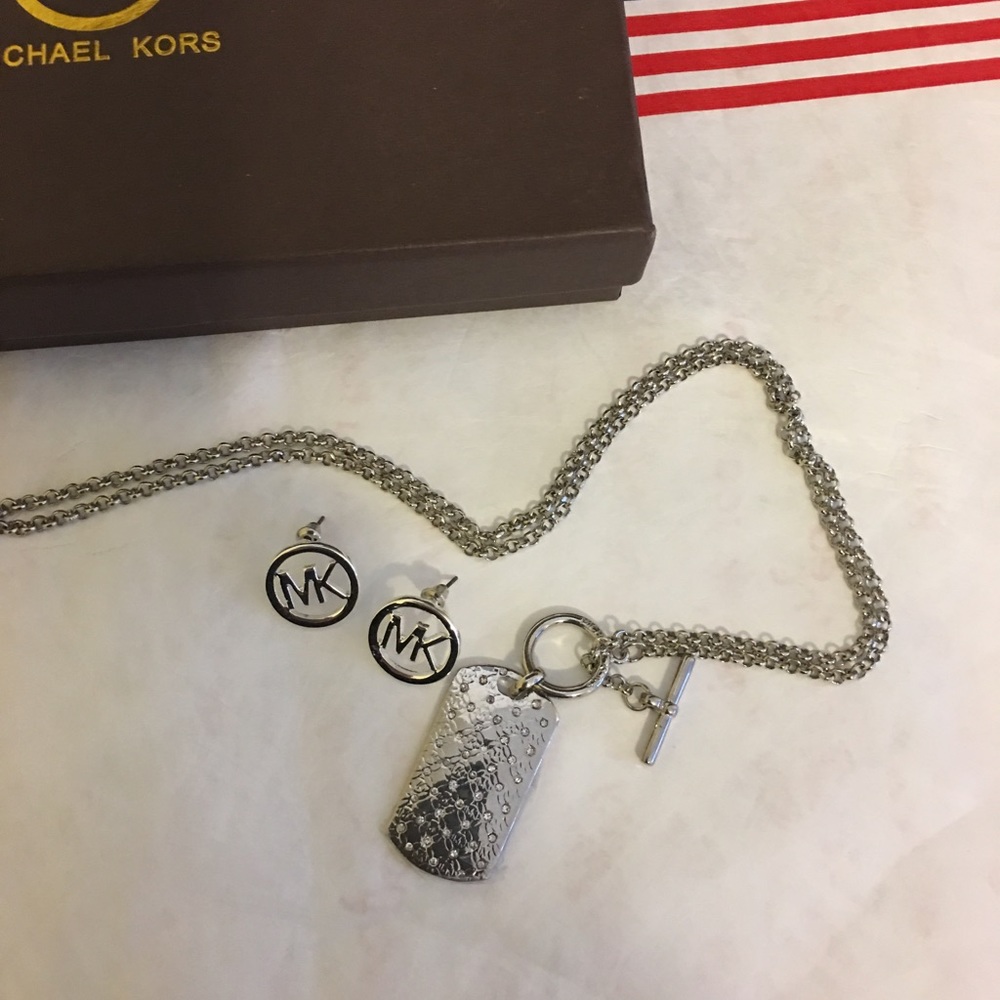 Paved Michael Kors Dog Tag & Matching Earrings