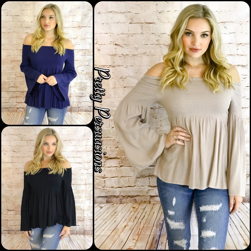NWT Taupe Long Bell Sleeve Off Shoulder Top - Picture 5 of 7