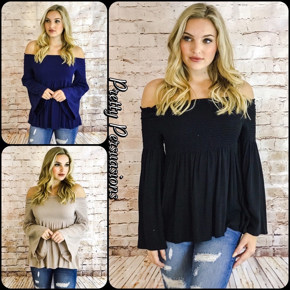 NWT Taupe Long Bell Sleeve Off Shoulder Top - Picture 6 of 7