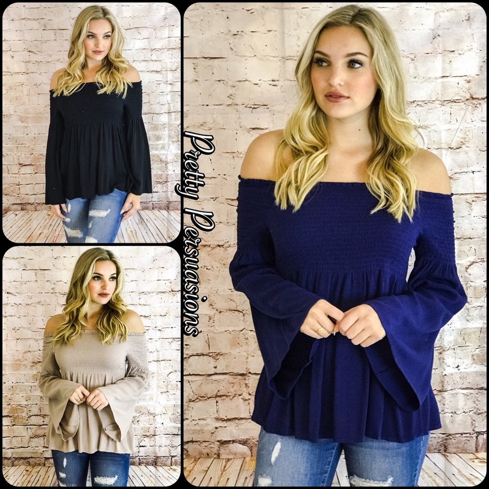 NWT Taupe Long Bell Sleeve Off Shoulder Top - Picture 7 of 7