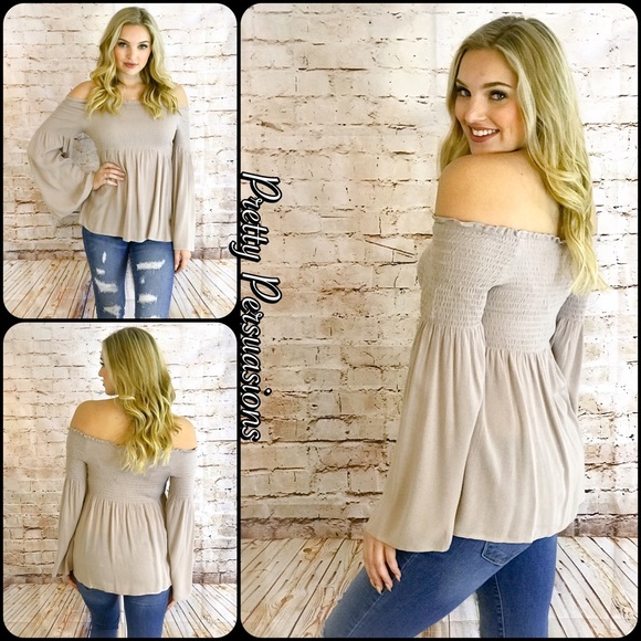NWT Taupe Long Bell Sleeve Off Shoulder Top - Picture 2 of 7