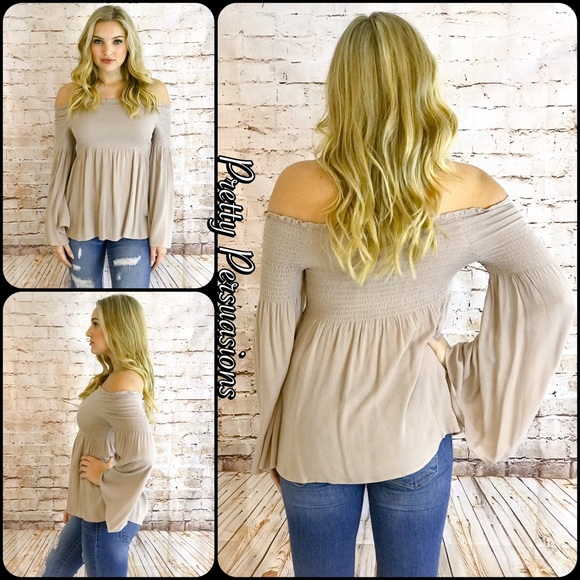 NWT Taupe Long Bell Sleeve Off Shoulder Top - Picture 3 of 7