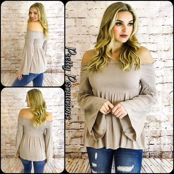 NWT Taupe Long Bell Sleeve Off Shoulder Top - Picture 4 of 7