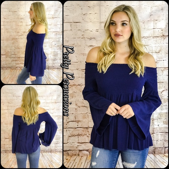Pretty Persuasions Tops - NWT Navy Long Bell Sleeve Off Shoulder Top