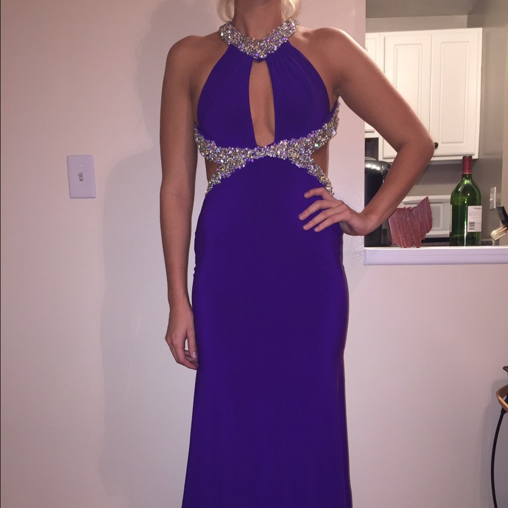 purple, cut-out, prom dress with diamond accents