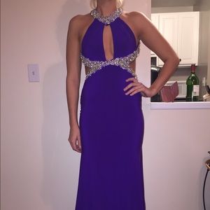 purple, cut-out, prom dress with diamond accents