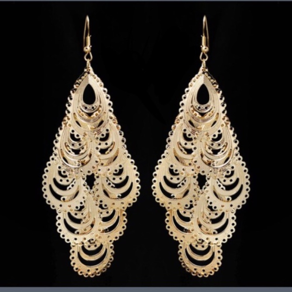 Gold Plated Long Drop Dangle Earrings - Picture 2 of 4