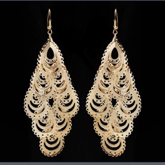 Gold Plated Long Drop Dangle Earrings - Picture 2 of 4