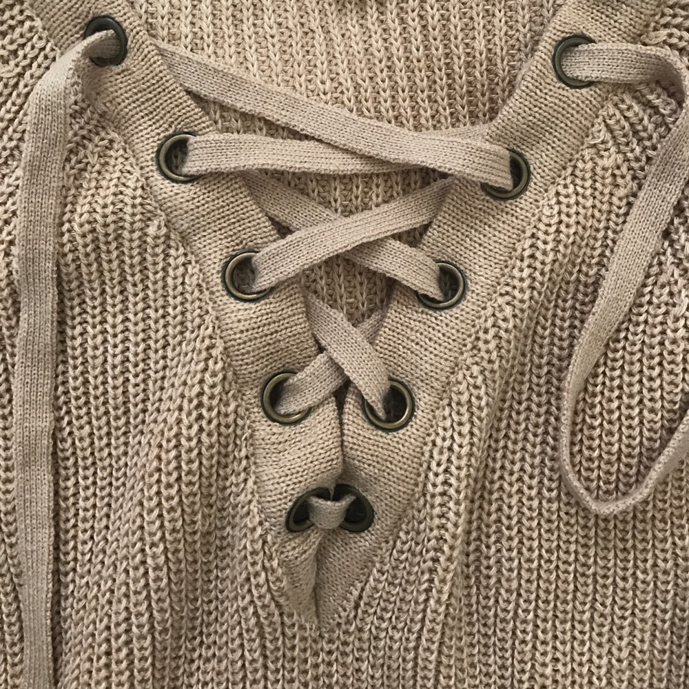 SOLD! Lace up Tan Sweater - Picture 2 of 3