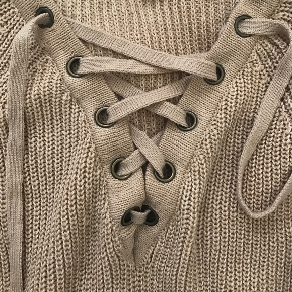 SOLD! Lace up Tan Sweater - Picture 2 of 3