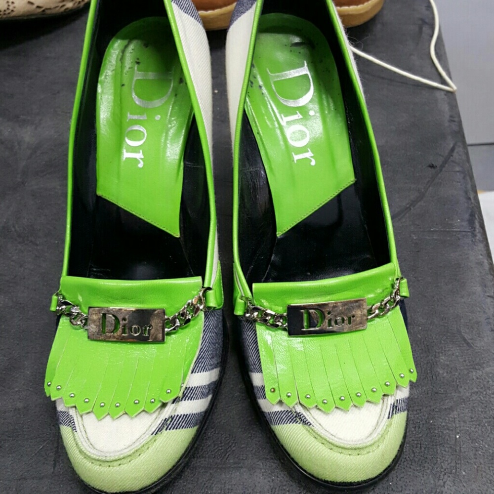 Dior navy/green plaid pumps