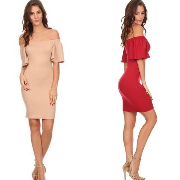 Suede Off Shoulder Flounce Dress in Beige - Picture 1 of 1