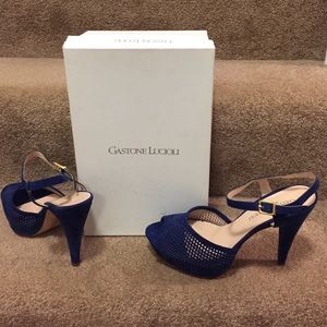Dark royal suede peep toe high sandal. Never worn