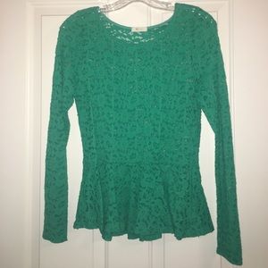 Seafoam/turq lace peplum long sleeve shirt