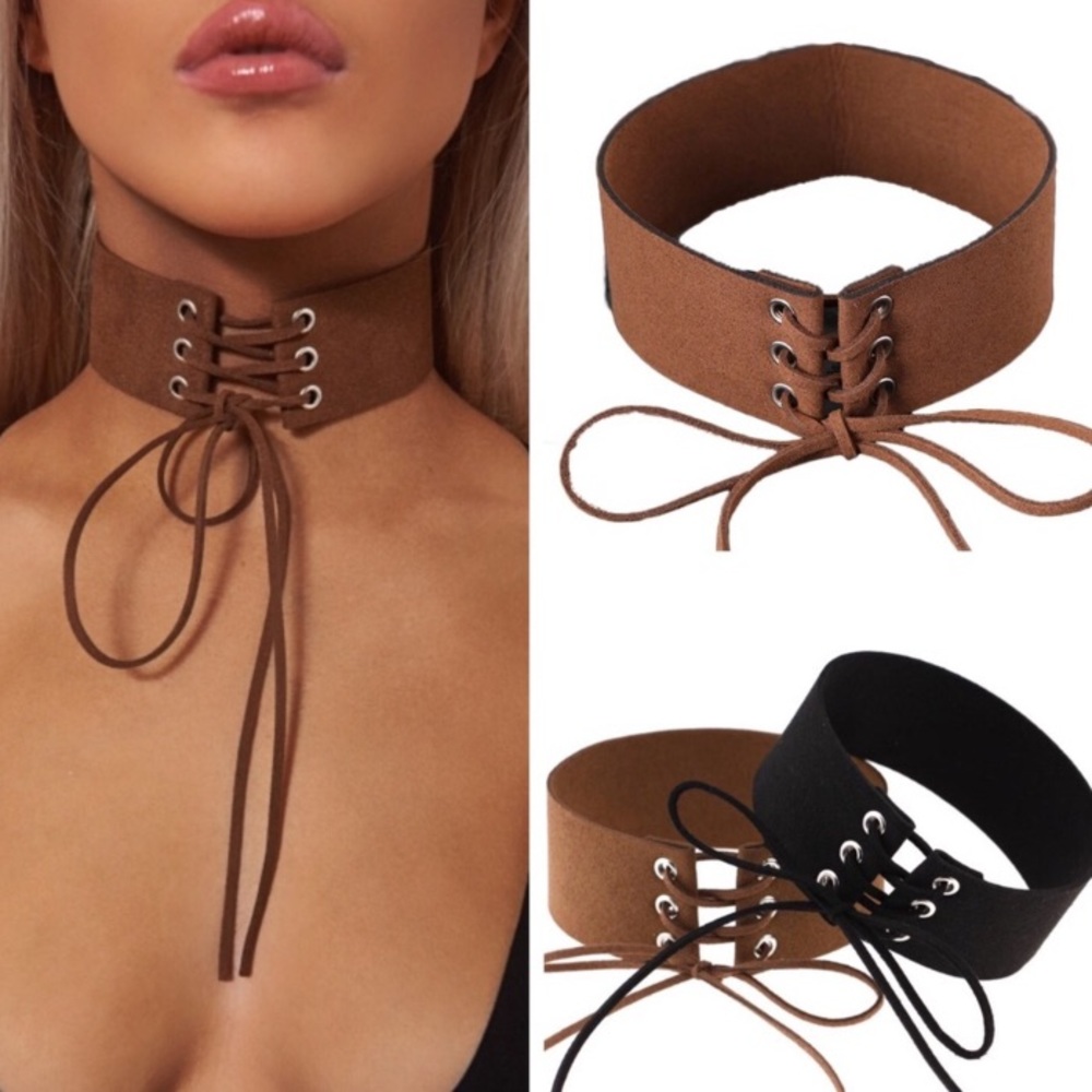 🌿 Vegan Wide Brown Suede Lace Up Choker - Picture 4 of 4