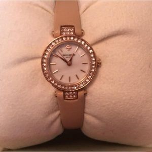 Rose Gold Tone, beige leather, rhinestone detail.