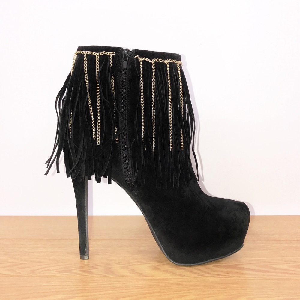 Velvet Platform Fringe & Chain Booties