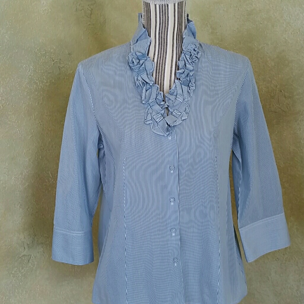 TALBOTS BLUE /WHITE STRIPED BLOUSE WITH RUFFLE