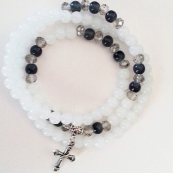 White Bead Bracelet with Cross Charm - Picture 2 of 4