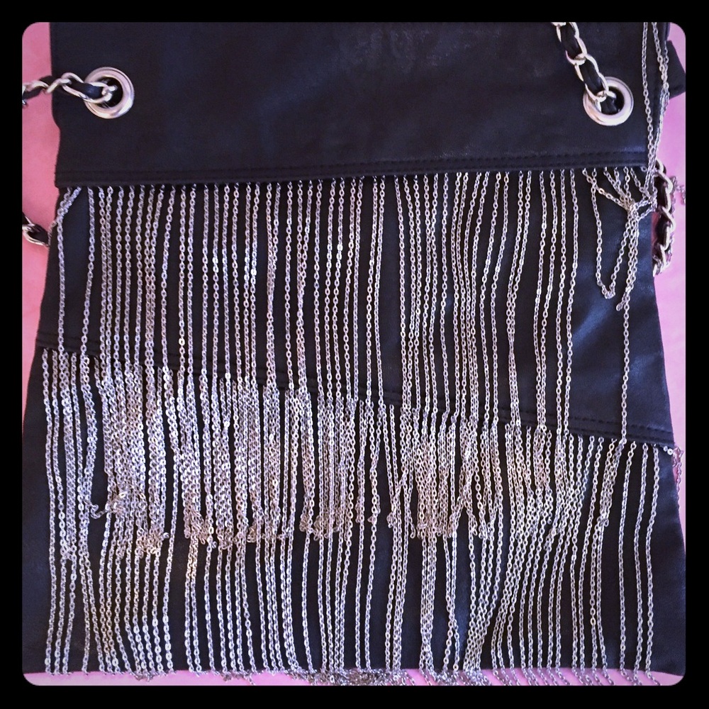 Black shoulder bag with silver chain detail