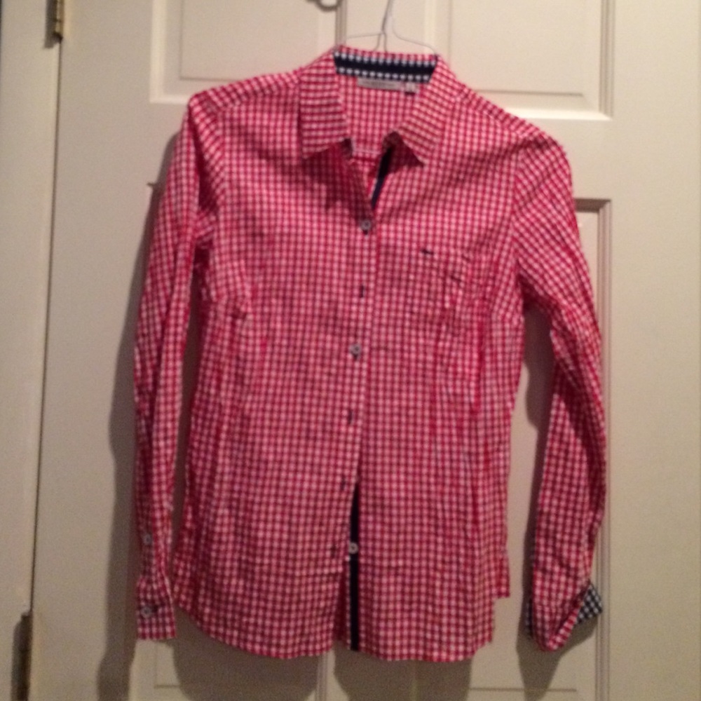 Red/white check print button down