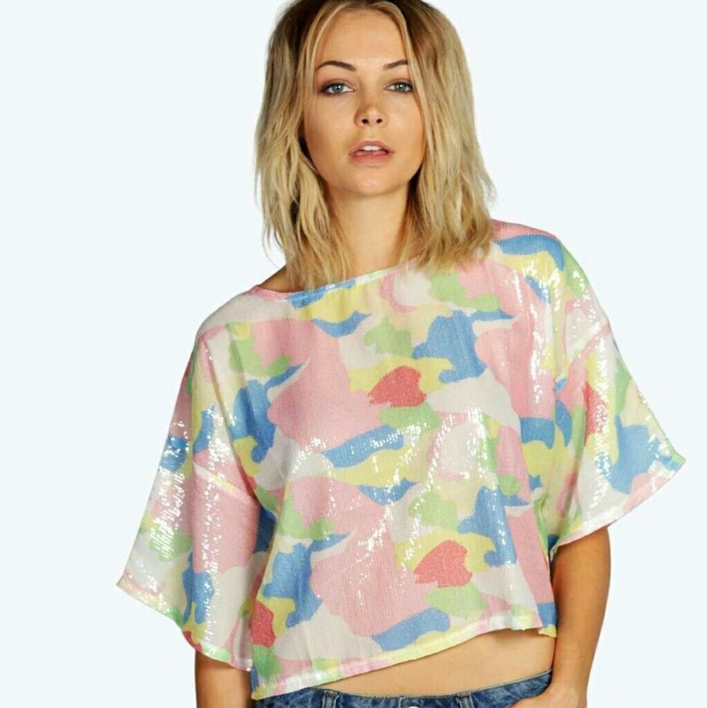 Pastel camouflage sequin crop top