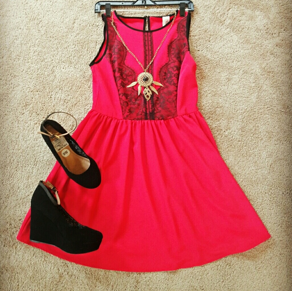 Red dress with front black lace