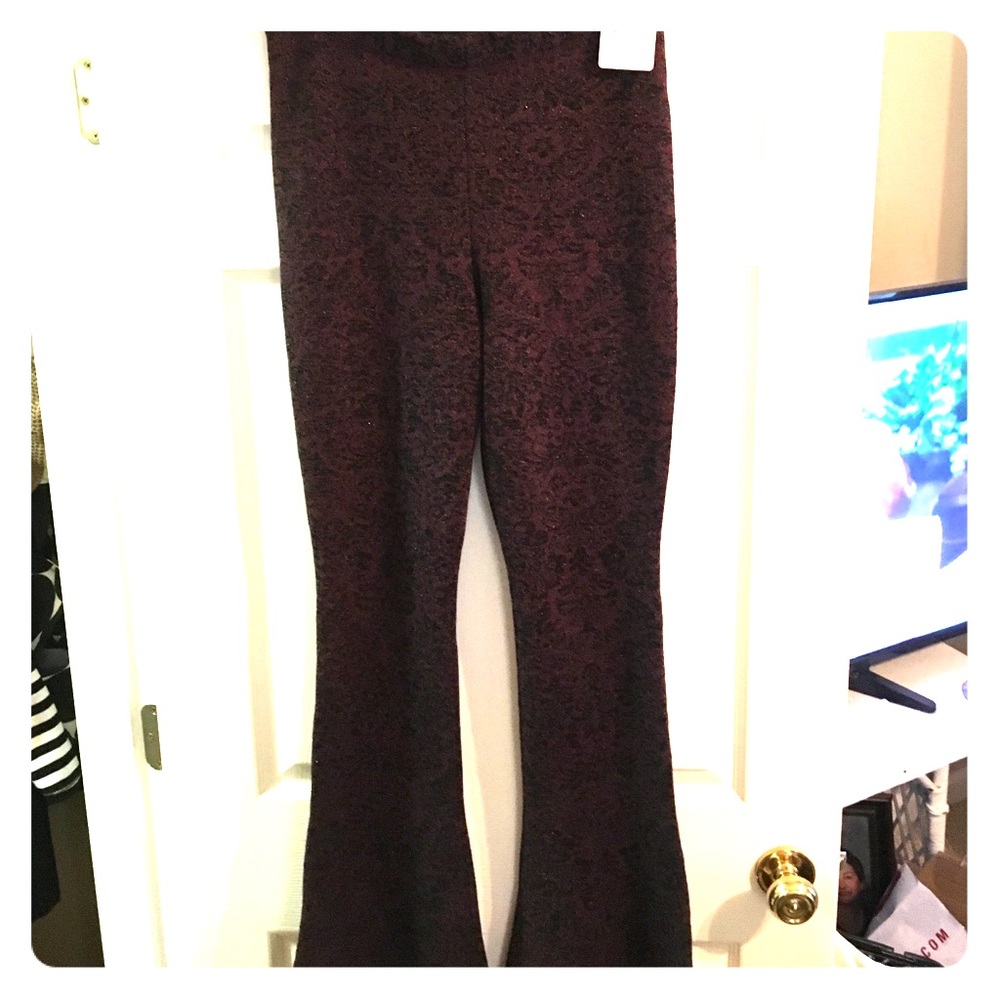 NWTFree People bell bottom pants Wine/blk/metallic