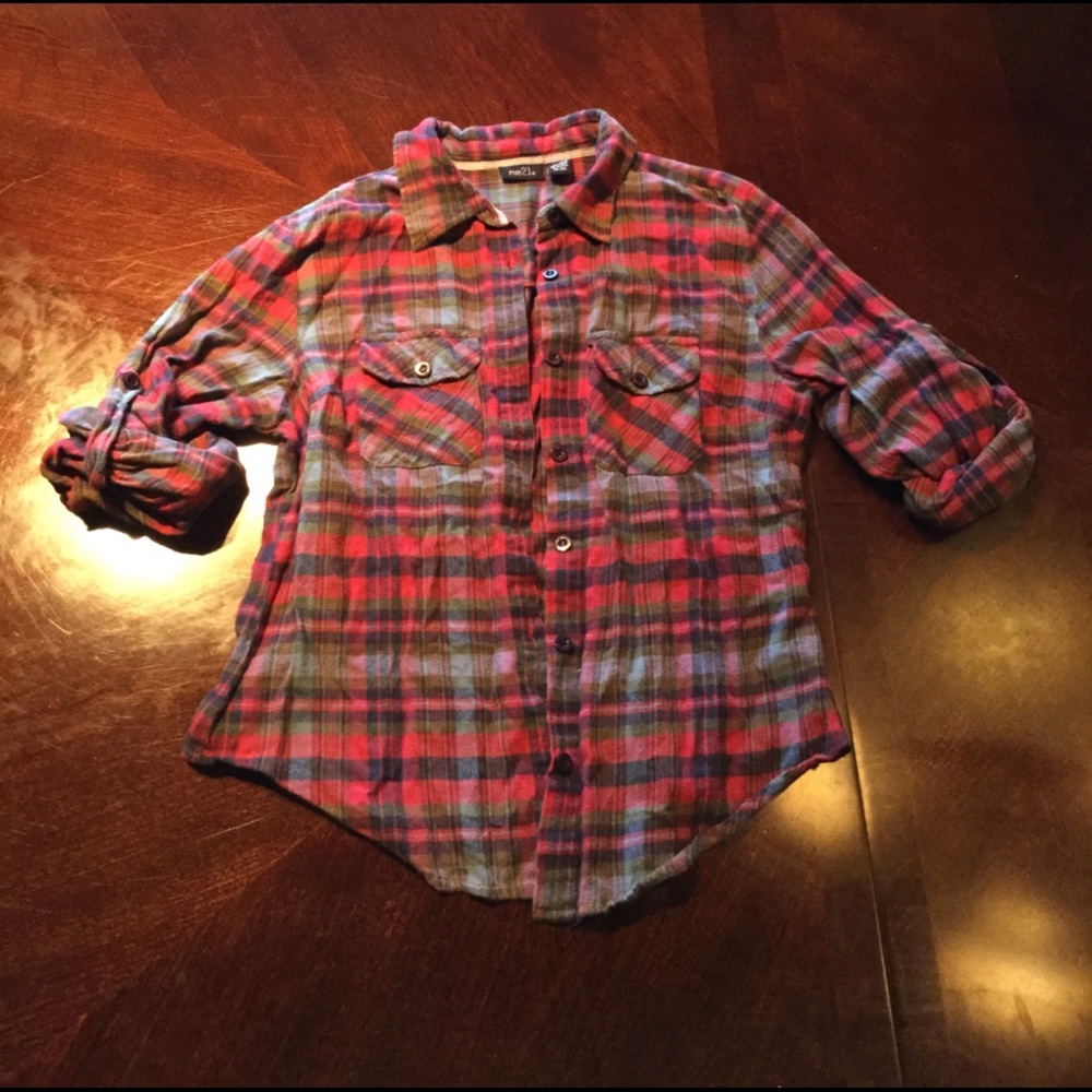 Flannel button up 3/4 sleeve plaid top