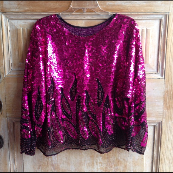 Tops - Pink/Black Hand Beaded Top Size Medium