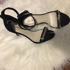 Shoemint black ankle strap heels with chain detail