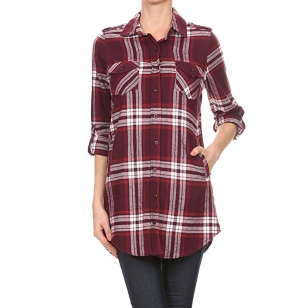 Women's Shoulder Tab Plaid Flannel Tunic Shirt