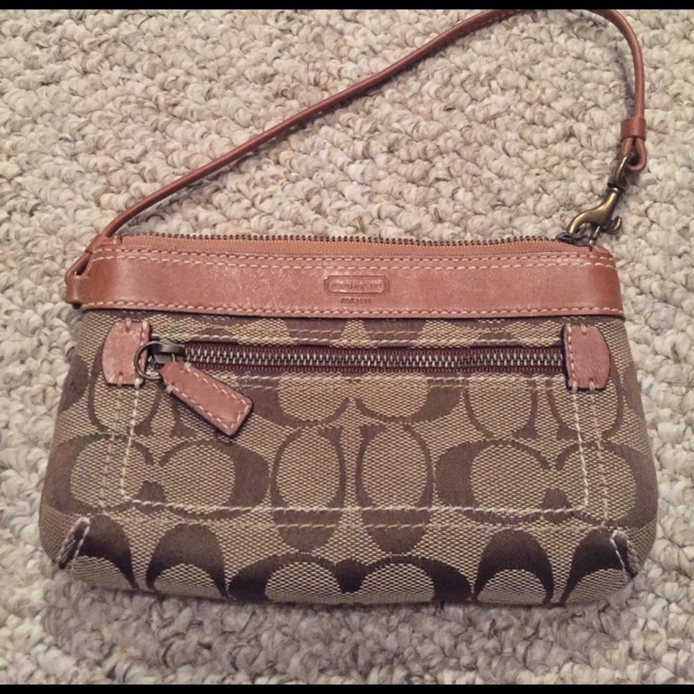 Coach monogram canvas & leather wristlet brown