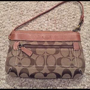 Coach monogram canvas & leather wristlet brown