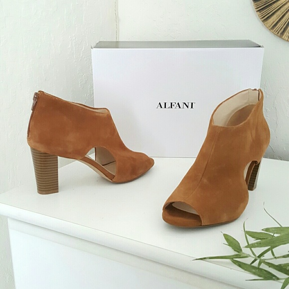 Macy's Shoes - Tan suede open toe cutout ankle boots chunky heels