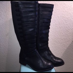 Torrid Black Strappy Front Knee Boots