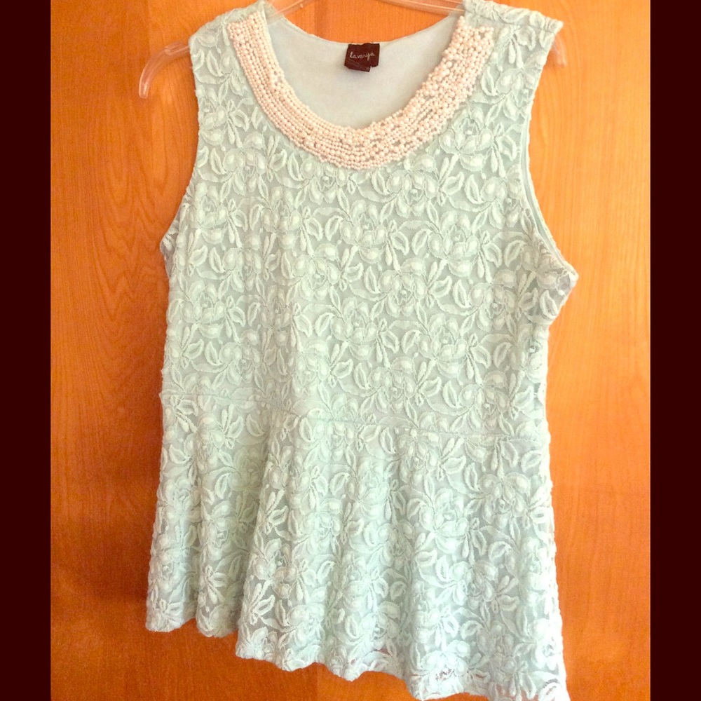 Aqua Peplum Top w/ Faux Pearl Detailing