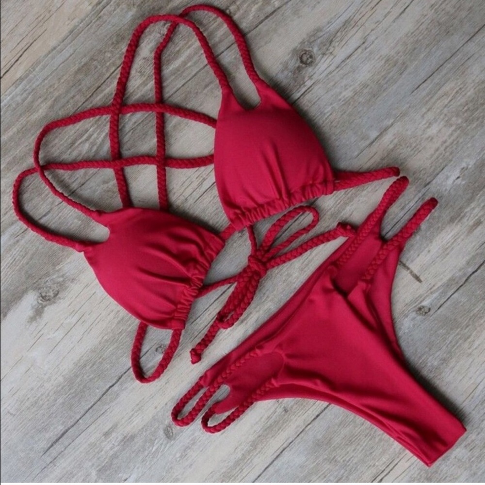 Sexy Deep red braided cheeky bikini