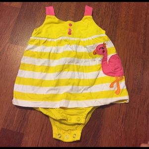 Yellow Striped Body Suit With Pink Flamingo