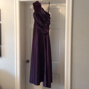 Plum colored one shouldered taffeta evening gown