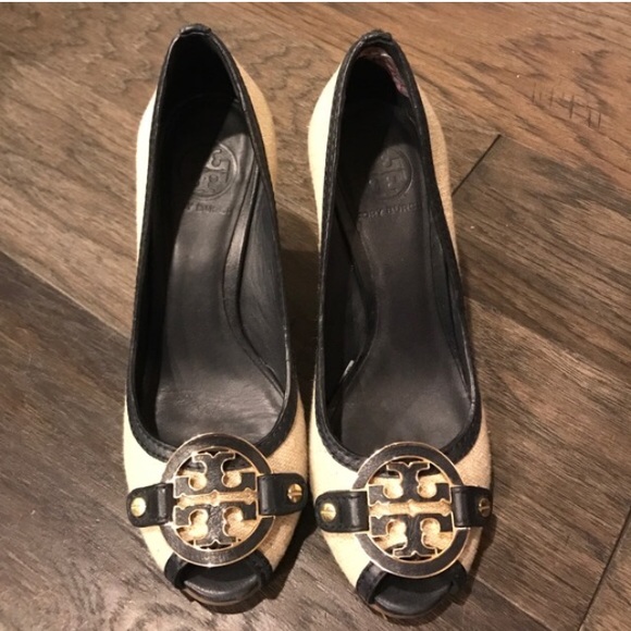Tory Burch Shoes - Tory Burch Peep Toe Wedges With Navy Trim