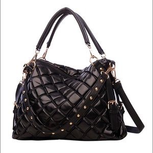 Black Leather Quilted Bubble Handbag