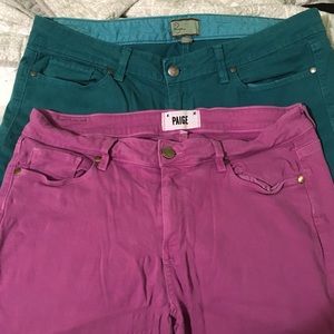 Lot of 2 Pairs Paige Skinny Jeans Magenta and Teal