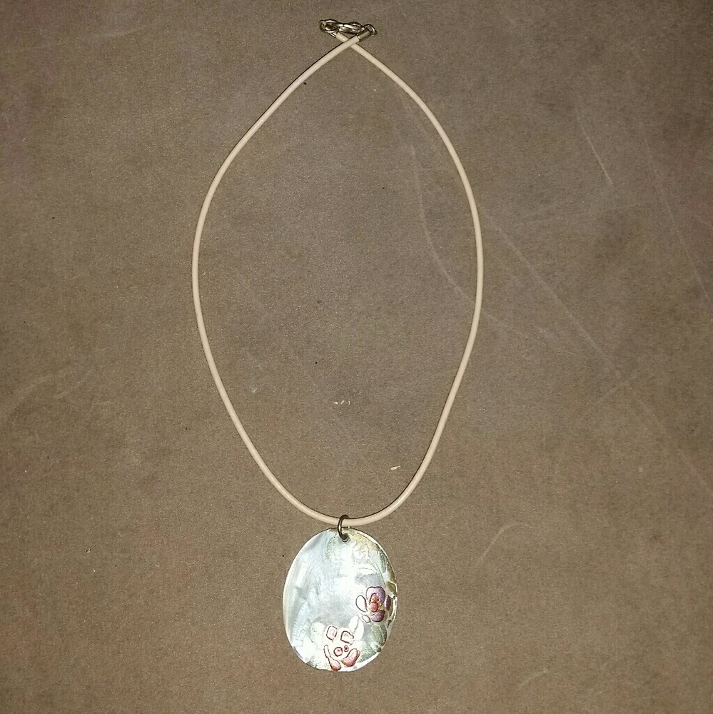 Necklace, flowers painted on shell.